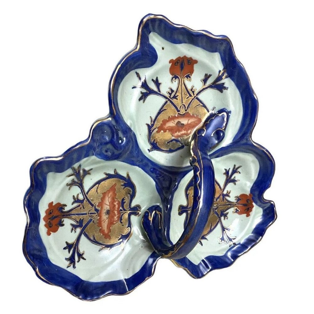 Victoria Ware Ironstone Transferware 3 Part Relish Dish W/Handle 11”x 3.5” Candy